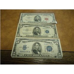 1934-C,53 & 63 US $5 BILLS 2-SILVER CERTIFICATES