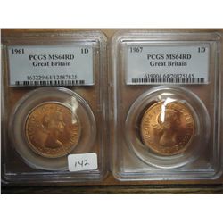 1961 & 67 GREAT BRITAIN PENNYS BOTH PCGS MS64RD