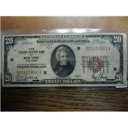 1929 $20 NATIONAL CURRENCY NEW YORK BROWN SEAL