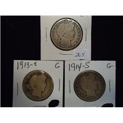 1908-O,13-S & 14-S BARBER HALF DOLLARS
