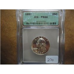 1957 WASHINGTON SILVER QUARTER ICG PR66