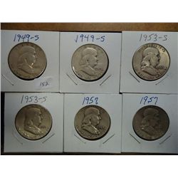 1949-S,49-S,53-S,53-S,57 & 57 FRANKLIN HALVES