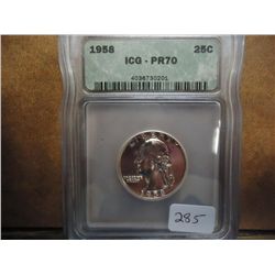 1958 WASHINGTON SILVER QUARTER ICG PR70