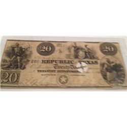 RARE 1840 CARTWHEEL CUT-CANCELLED UNCIRCULATED  $20 REPUBLIC OF TEXAS NOTE