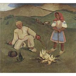 Author: Karol Ondreicka (1904-1971), Title: At Bonfire