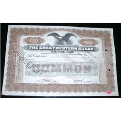 1927 EXTREMELY RARE 10 SHARES STOCK CERTIFICATE *THE GREAT WESTERN SUGAR COMPANY - NICE CERTIFICATE!