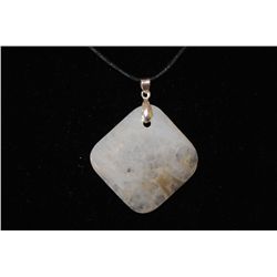 Black Leather Necklace With Square Shaped White Stone Charm; EST. $10-20