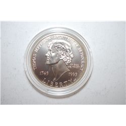 1993-P US Thomas Jefferson 250th Anniversary Commemorative Silver $1; EST. $35-45