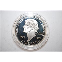1993-P US Thomas Jefferson 250th Anniversary Commemorative Silver $1 Proof In Velvet Box With COA In