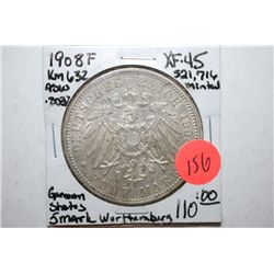1908-F German States 5 Deutsches Mark Foreign Coin; Wurthenburg; XF45; .8037 ASW; EST. $75-100