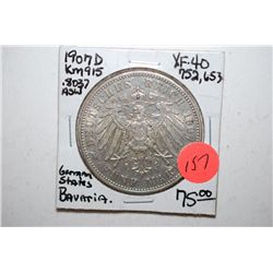 1907-D German States 5 Deutsche Mark Foreign Coin; Bavaria; XF40; .8037 ASW; EST. $75-100