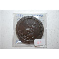 1797 Great Britain/England 2 Pence "Cartwheel" Foreign Coin; EST. $150-250