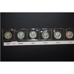 1934, 1934-D, 1935, 1935-D, 1935-S & 1936 Mercury Dime; Lot of 6; EST. $25-35