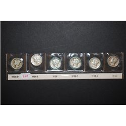 1938-D, 1938-S, 1939, 1939-D, 1939-S & 1940 Mercury Dime; Lot of 6; EST. $25-35