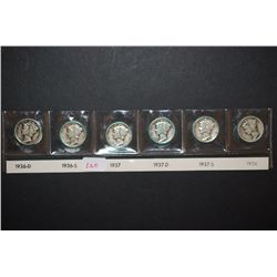 1936-D, 1936-S, 1937, 1937-D, 1937-S & 1938 Mercury Dime; Lot of 6; EST. $25-35