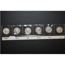 1940-D, 1940-S, 1941, 1941-D, 1941-S & 1942 Mercury Dime; Lot of 6; EST. $25-35