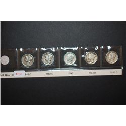 1942-D, 1942-S, 1943, 1943-D & 1943-S Mercury Dime; Lot of 5; EST. $20-30