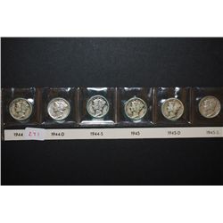 1944, 1944-D, 1944-S, 1945, 1945-D & 1945-S Mercury Dime; Lot of 6; EST. $25-35