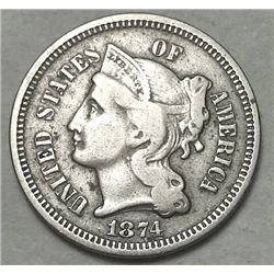 FULL LIBERTY! OLD US COIN 1874 RARE 3 CENT PIECE CIVIL WAR TIME AND LATER!