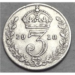 DETAILED! OLD ENGLISH COINS 1918 KING GEORGE SILVER THREEPENCE