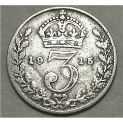 DETAILED! OLD ENGLISH COINS 1915 KING GEORGE SILVER THREEPENCE
