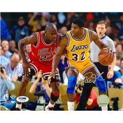 MAGIC JOHNSON SIGNED AUTOGRAPHED 8X10 VS MICHAEL JORDAN PSA/DNA COA