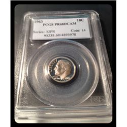 PCGS PR68DCAM 1963 90% SILVER DIME ----serial # 95238.68/4893970
