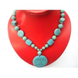 BLUE TURQUISE WITH ROUND PENDANT LONGSTRAND NECKLACE -