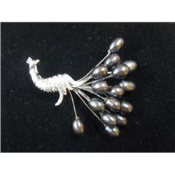 PEACOCK BLACK PEARL BROOCH *** METAL: SILVER; PHILIPPIN