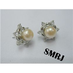 PEARL PEARL WITH 6 CZ SILVER EARRINGS; METAL: SILVER; P
