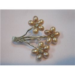 3-STEM FLOWERS PEACH PEARL BROOCH *** METAL: SILVER;