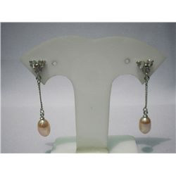 3CZ DANGLING TEARDROP PEACH PEARL EARRINGS