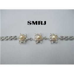 3 PEACH PEARLS WITH CZ SILVER BRACELET *** METAL: SILVE