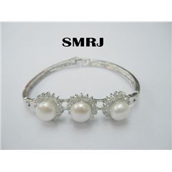 3 WHITE PEARL WITH CZ BANGLE SILVER BRACELET *** METAL: