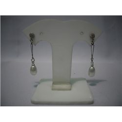 CZ DANGLING TEARDROP WHITE PEARL EARRINGS