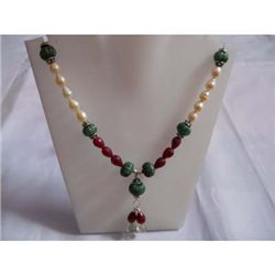 280.0 ctw Emerald Ruby Pearl Necklace .925 Sterling