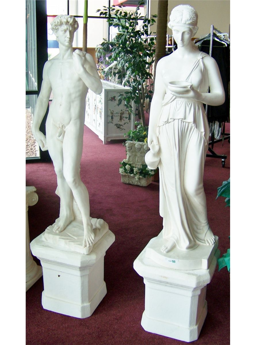PAIR OF CAST ROMAN MALE & FEMALE STATUES ON BASE