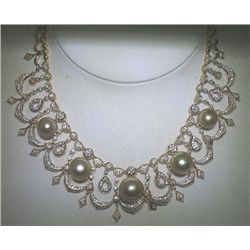 18K GOLD DIAMOND AND PEARL NECKLACE