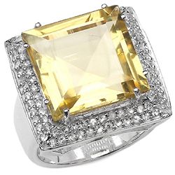 21.93 Carat Genuine Lemon Quartz & White Topaz .925 Sterling Silver Ring