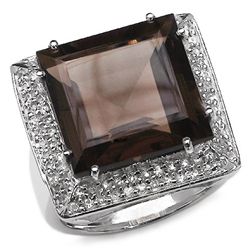 20.90 Carat Genuine Smoky & White Topaz .925 Sterling Silver Ring