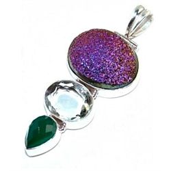 Titanium Drusy, Green Amethyst & Ruby Pendant