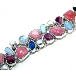 Rhodochrosite, Rainbow Moonstone, Fire Opal & Pearl Bracelet