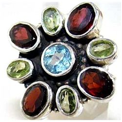 Silver and Garnet, Citrine & Blue Topaz Ring