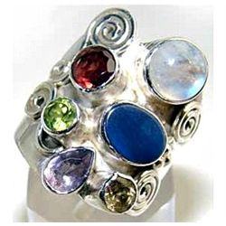 Silver and Fire Opal, Rainbow Moonstone & Mixed Stones Ring