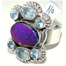 Silver and Blue Topaz & Titanium Drusy Ring