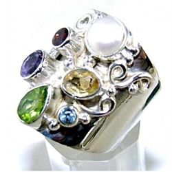 Silver and Pearl & Mixed Stones Ring