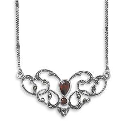 16" Marcasite Necklace with Red Pear Shape CZ