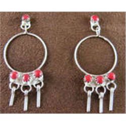 Zuni Post Dangle  Sterling Silver  & Coral Earrings Created by artist Lewis Mateya