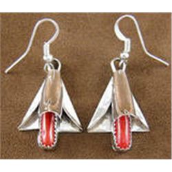 Sterling silver and Coral Hook dangle Squash Blossom Earrings Navajo Artist F. Yazzie
