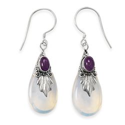 Amethyst Cabochon Blue Glass Drop Earrings on French Wire